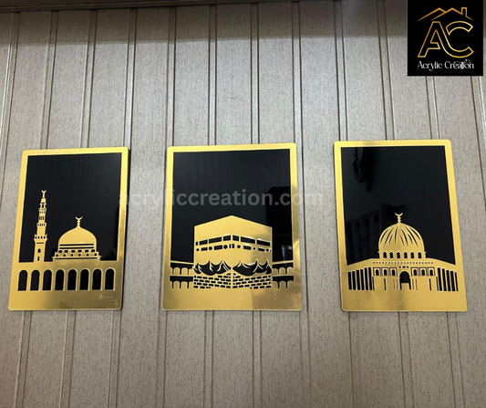 Premium Acrylic Set of Three Islamic Wall Frame  | Khaana Kaaba , Masjid Al Nabwi and Masjid Al Aqsa | Islamic Home Decor