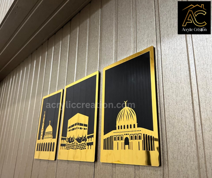 Premium Acrylic Set of Three Islamic Wall Frame  | Khaana Kaaba , Masjid Al Nabwi and Masjid Al Aqsa | Islamic Home Decor