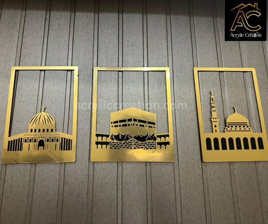Premium Acrylic Set of Three Islamic Wall Frame  | Khaana Kaaba , Masjid Al Nabwi and Masjid Al Aqsa | Islamic Home Decor