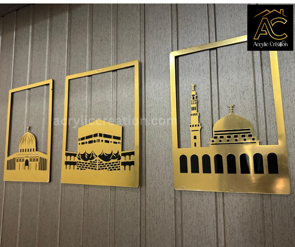 Premium Acrylic Set of Three Islamic Wall Frame  | Khaana Kaaba , Masjid Al Nabwi and Masjid Al Aqsa | Islamic Home Decor