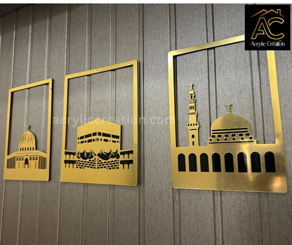 Premium Acrylic Set of Three Islamic Wall Frame  | Khaana Kaaba , Masjid Al Nabwi and Masjid Al Aqsa | Islamic Home Decor