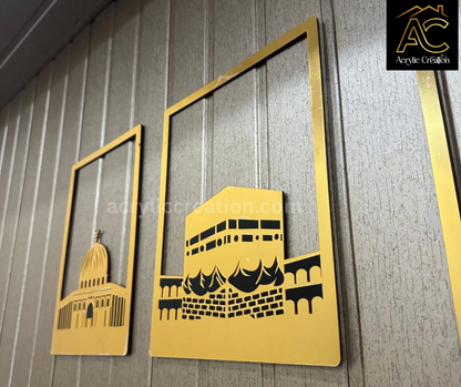 Premium Acrylic Set of Three Islamic Wall Frame  | Khaana Kaaba , Masjid Al Nabwi and Masjid Al Aqsa | Islamic Home Decor